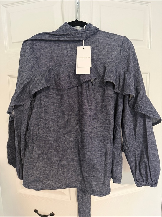 Zimmermann Tops - Zimmermann Blue Denim Puff-Sleeve Tie-Neck Blouse